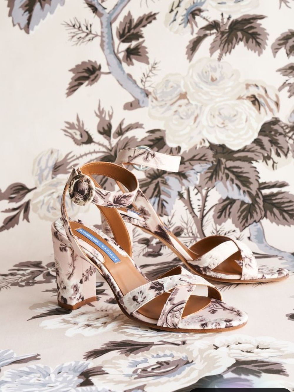 Floral Cream Ankle-Strap Block Heel Sandals
